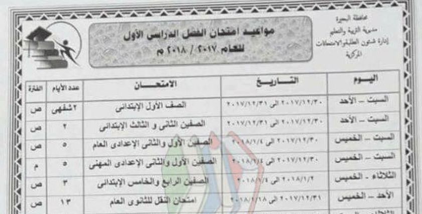 جدول امتحانات الفصل الدراسي الأول